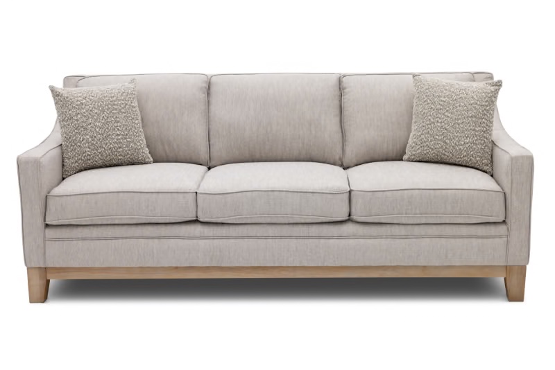 Delray 3 Seater Curved Arm Sofa, Herringbone Fabric Sofa in Grey with Solid Light Wooden Trim 