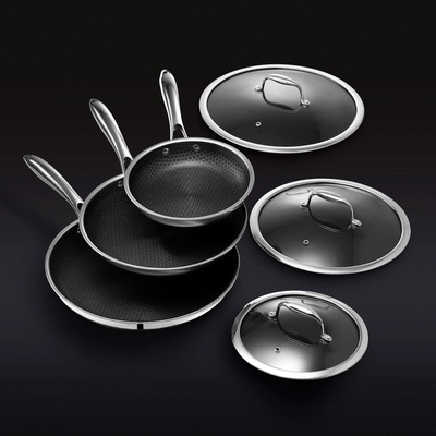  HexClad 7-Piece Hybrid Stainless Steel Cookware Set with Lids and Wok Silver, 8” Fry Pan with Lid, 10” Fry Pan with Lid, 12” Fry Pan with Lid, 12” Wok, and 14” Hybrid Wok. 2 Boxes Total