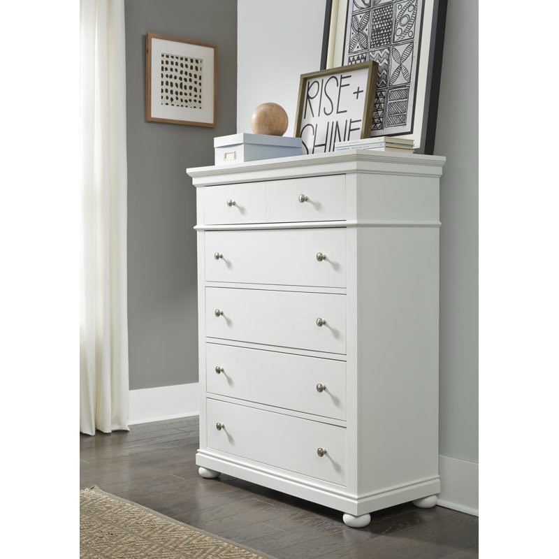 Birch Lane Farmhouse Style 5 Drawer Tall Solid Wood Dresser Chest in White with Silver Knobs, 50'' H X 38'' W X 18'' D