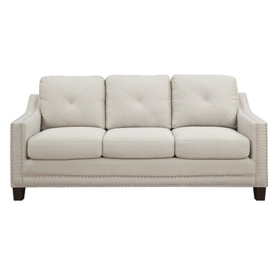 Picket House Furnishings Mauldin Modern Polyester Blend Taupe 3 Seater Sofa with Espresso Feet and Silver Button Upholstery
