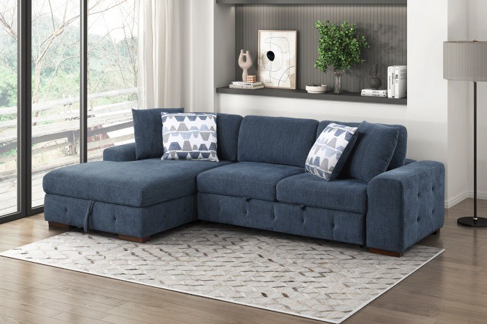Waitsfield Blue Chenille textured sectional 3 Seater Tufted sofa with storage chaise 