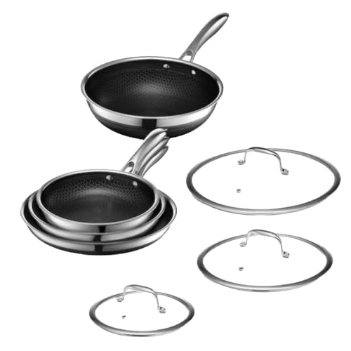 HexClad 7-Piece Hybrid Stainless Steel Cookware Set, 8” Fry pan with Lid, 10” Fry Pan with Lid, 12” Fry Pan with Lid, 12” Wok
