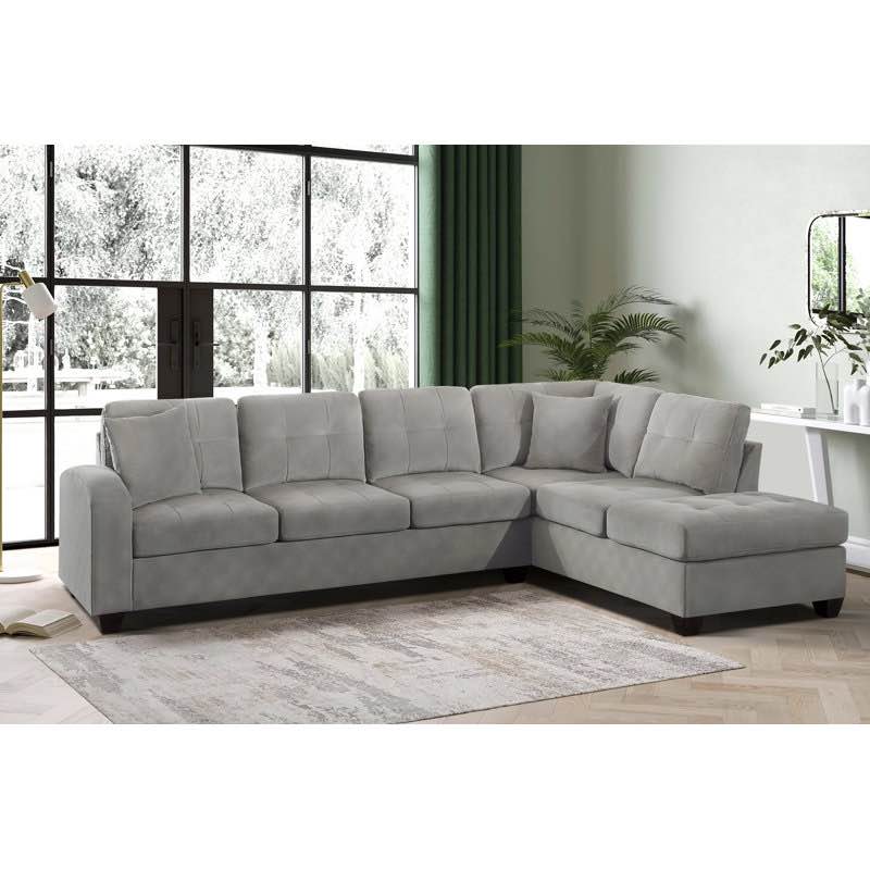 Mulrey 2 - Piece 4 Seater Upholstered Sectional in Soft Grey with Chaise and Dark Brown Wooden Trim