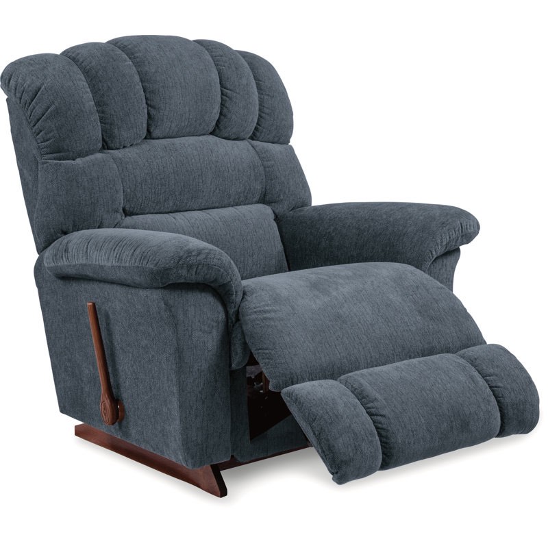 Randell Oversized Chenille Fabric Manual Rocking Recliner in Navy Blue. Features 3-position locking leg rest, independent adjustment, extra padding in arms and backing for extra support. Solid Light Brown Wood Reclining Base and Manual Handle
