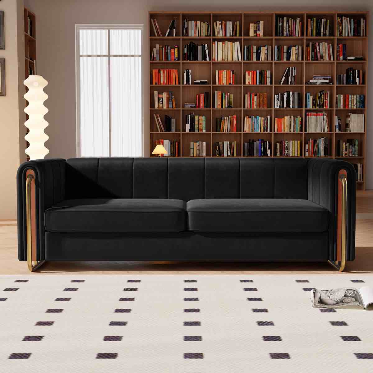 Mercer41 83.85" Modern Velvet Tufted 3-Seater Sofa with Shiny Gold Base
