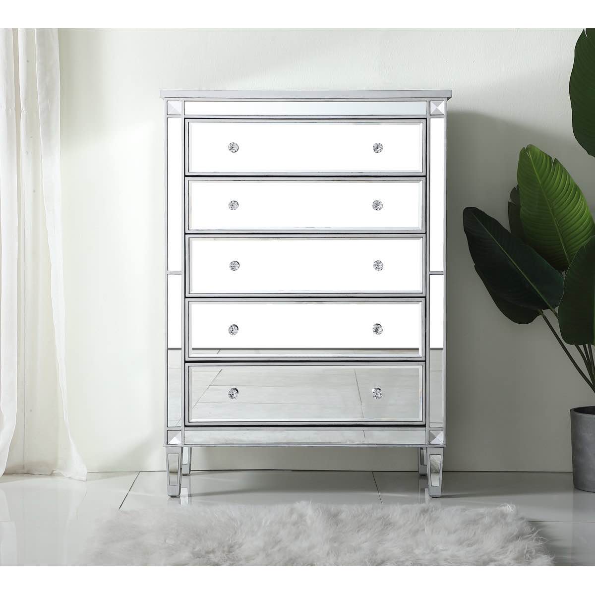 Cosmo 36'' W Glamour 5 - Drawer Mirrored Dresser with Crystal Handles and Removable Jewelery Tray, 50'' H X 36'' W X 18'' D