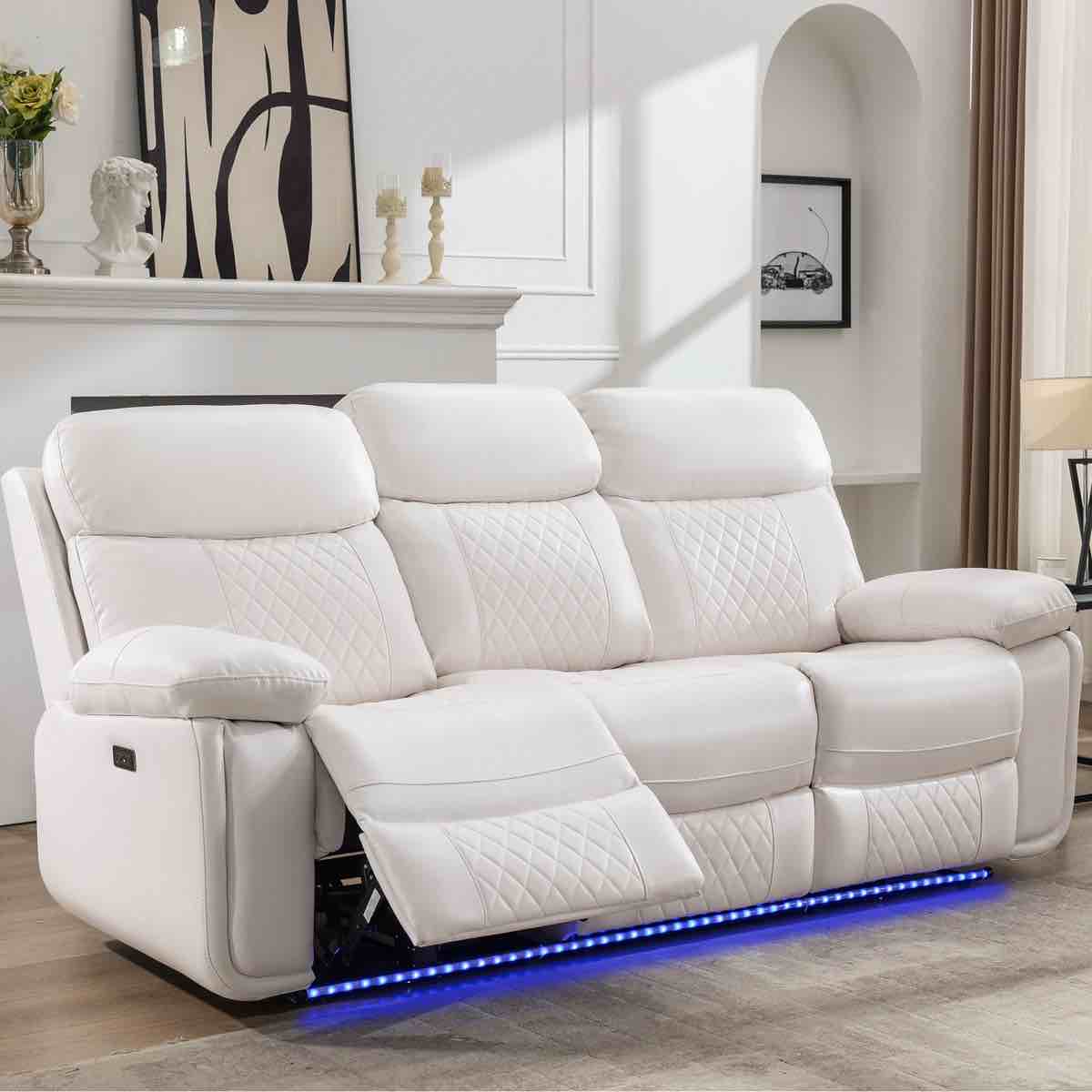 Heaney 83.8" Wide Faux Leather Home Theater Sofa in White with Diamond Stitching and Adjustable Back and Leg Rests. Pull Down Center Console, Charging Ports