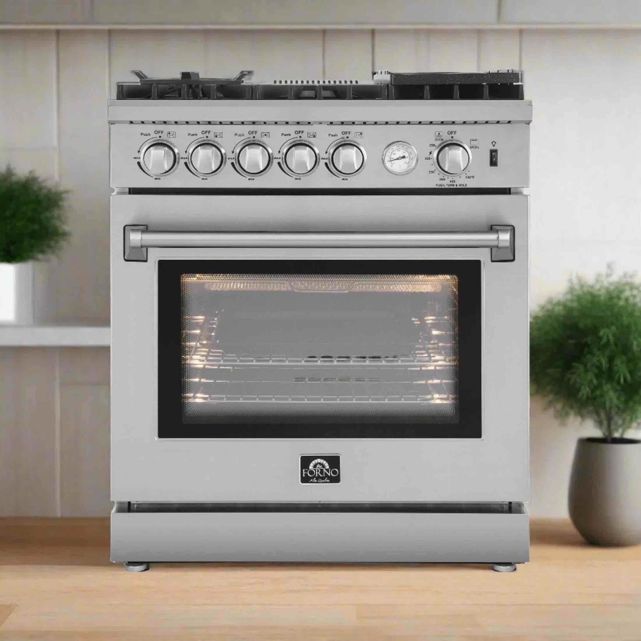 AlForno 30 Inch Freestanding Gas Range with 5 Sealed Burners, and Reversible Griddle. 4.24 cu. ft. Oven Capacity, Overall Burners BTU:  70,000 Middle Burner BTU:  19,000 Front Right Burner BTU:  16,000 Front Left Burner BTU:  16,000 Rear Right Burner BTU:  9,500 Rear Left Burner BTU:  9,500 Oven Overall Oven Capacity:  4.24 Broil Top BTU:  10,000 Bottom BTU:  16,000 Convection Fan:  Yes