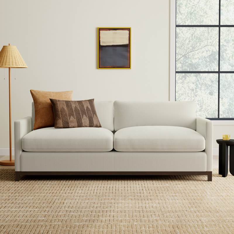 Liz 84” Flannigan Cotton Sofa in White with Ash Wood Trim in Espresso 
