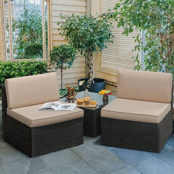 Outsunny 3 Piece Small Patio Conversation Set. Dark Brown Rattan Wicker Armless Chairs and Table with Glass Top, Polyester Cushions. Back cushions and slip covers missing, hardware needs replaced in coffee table. Chairs in brand new condition 