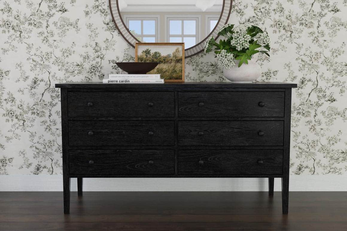 Palmer Collection Solid Hardwood Black 6 Drawer Dresser with Wooden Knobs. Minor scratch on leg otherwise beautiful condition. 60W x 18.5D x 33.5H