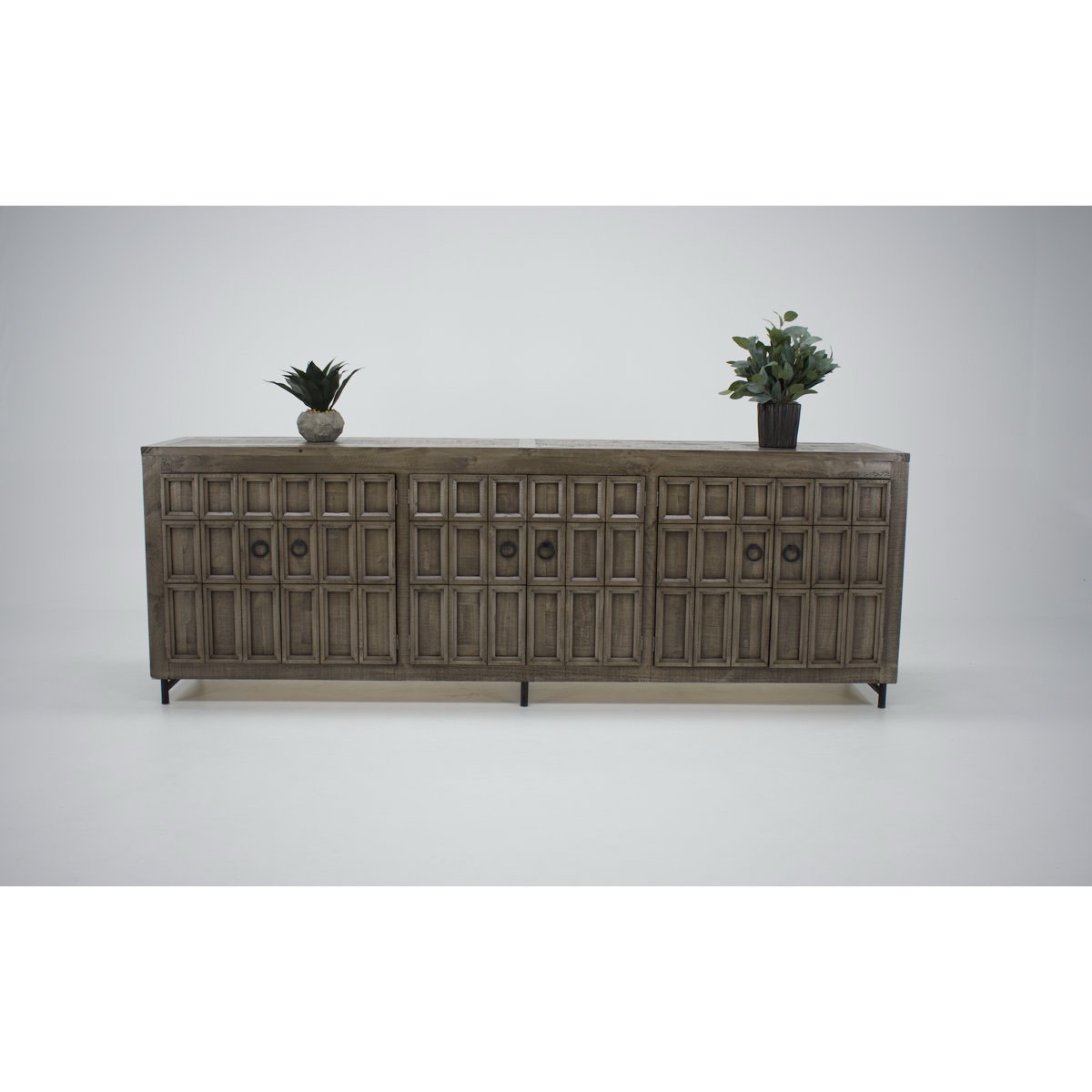 Milauni 103.5'' Hand Carved Naturalist Modern Distressed Oak Wood Sideboard and Cabinet, 3 Cabinets with Shelf, Black Metal Ring Handles. 36'' H X 103.5'' W X 20'' D