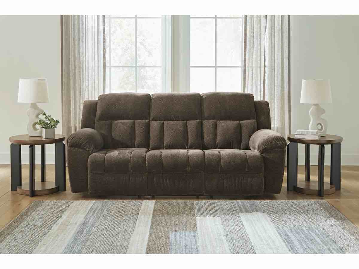 Frohn Manual Reclining Home Theatre Sofa in Soft Brown Fabric, 78” W x 35” D x 40” H. Dented on right side otherwise great condition