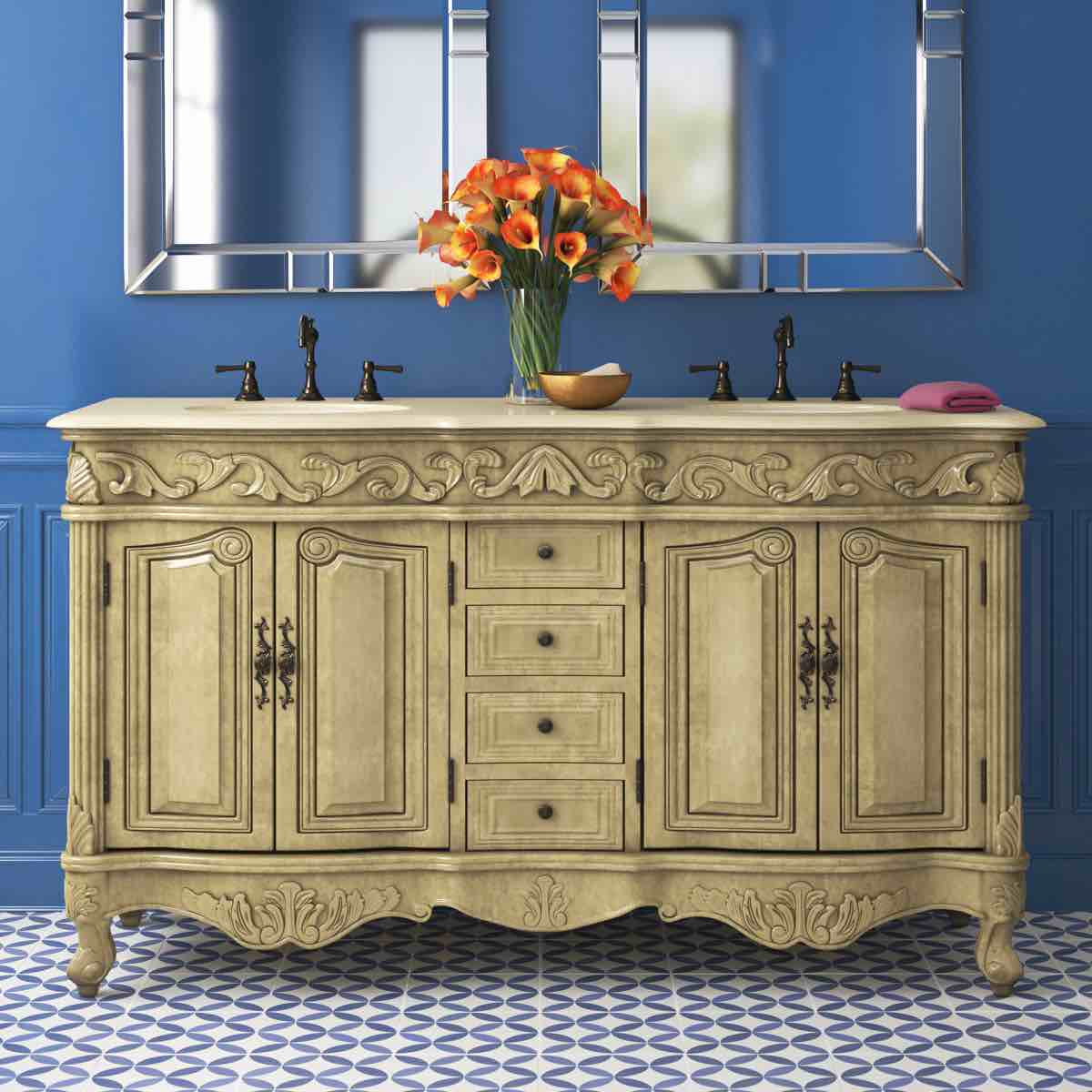 Aurillac 60'' French Antique Style Double Bathroom Vanity, Tan, 2 Cabinets, 4 Drawers with Antique Bronze Knobs, Floral Handcarved Accents, with Cream Marble Double Sink Top and Ceramic White Sink Bowls, 35'' H X 60'' W X 21'' D