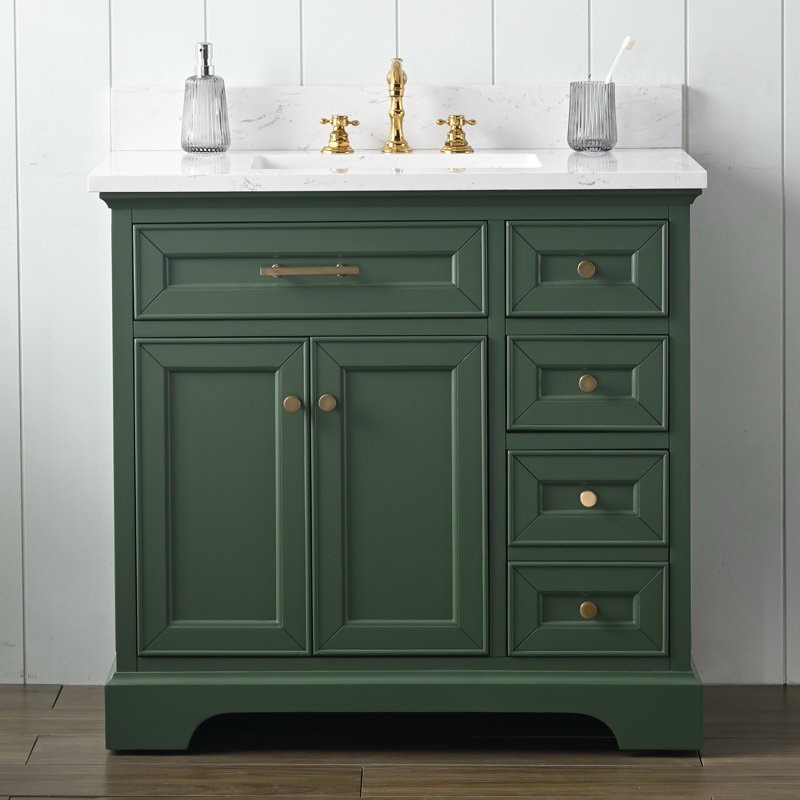 Currahee Lux Vintage 36'' Single Evergreen Painted Pinewood Bathroom Vanity with Engineered Carrara White Stone Top, Soft-Close 2 Door Cabinet with Shelf, 3 Drawer, 1 False Drawer, Matte Gold Handle and Knobs, 34'' H X 36'' W X 22'' D