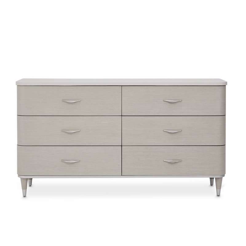Eclipse 68'' W Lux Modern Beige Poplar Wood 6 Soft-Close Velvet Lined Drawer Dresser with Matte Nickel Handles and Trim, Solid Tan Marble Top. 38'' H X 68'' W X 18'' D