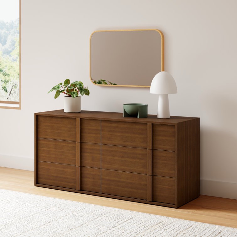 Alvarez 65'' W Minimalist Modern Solid Wood 6 - Drawer Dresser, Soft-Close, Walnut. Minor scuffs on sides, small chip on back edge. 30'' H X 65'' W X 20'' D