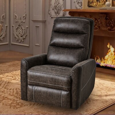 Swivel Glide Recline Rocking Chair, Antique Brown, Vegan Leather, Manual Silver Hand and Black Metal Base