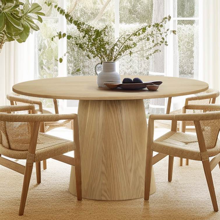 Dysis 52" 6 Seater Solid Oak Round Pedestal Dining Table, Modern Solid Wood Base, Thin Natural Top. 29.5'' H X 52'' W X 52'' D