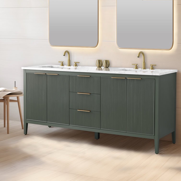 Bilroy Lux Vintage Poplar Wood 72" Fluted Double Vanity in Green, Brushed Gold Handles, 2 Cabinets with Shelf, 3 Drawers, Engineered Marble Stone Top in White/Grey. 34'' H X 72'' W X 22'' D