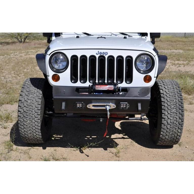 2007-2018 Jeep Wrangler JK Stealth Fighter Front Bumper Winch mount Hammer Black powder coat finish Satin Black powder coat panel finish Universal light mount for up to 5 cube lights or a 20" light bar Mounts for cube lights on sides