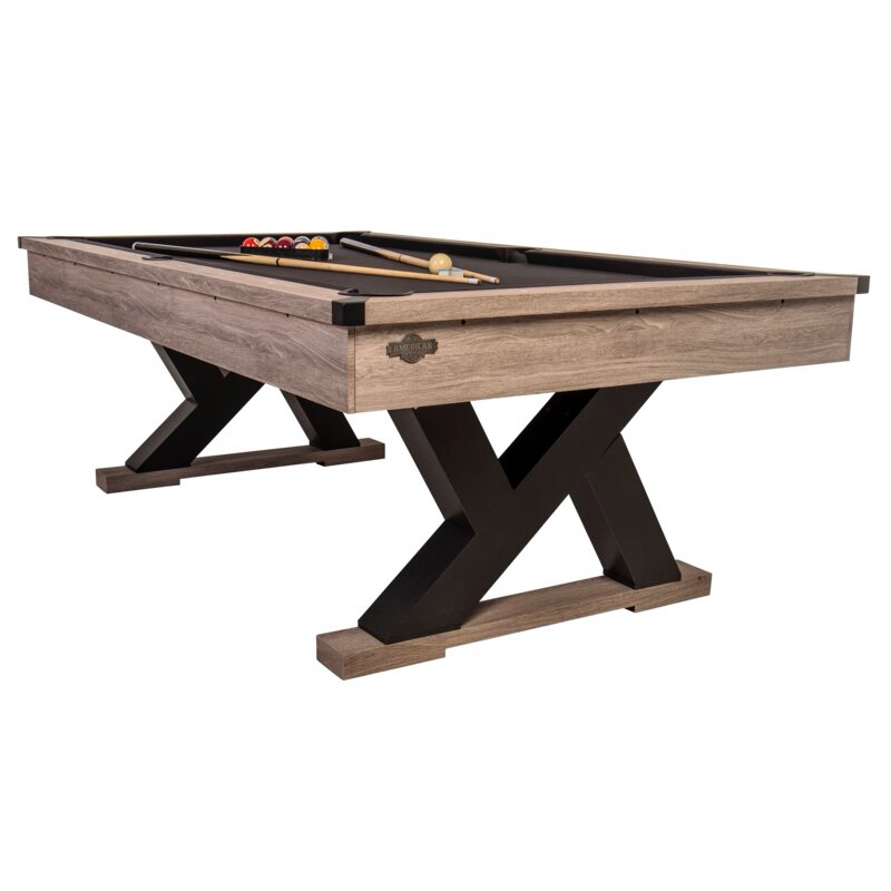 AMERICAN LEGEND KIRKWOOD 90" BILLIARD TABLE, Whitewashed Wooden Trim, Black Felt, 2 Pool Sticks with Ball and Triangle Set, Espresso Finish Legs 90” L x 52” H x 8” Thick 