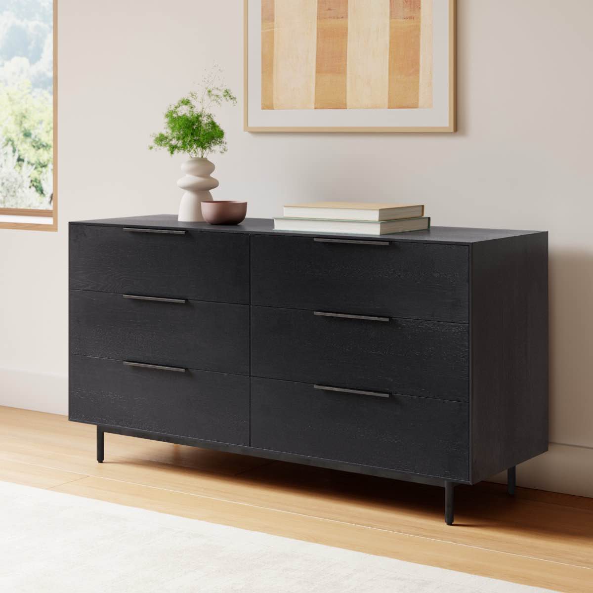 Ellis Minimalist Modern Solid Wood 6 Drawer Dresser, Black Finish, Deep Brown Metal Trim and Handles, 32'' H X 60'' W X 20'' D