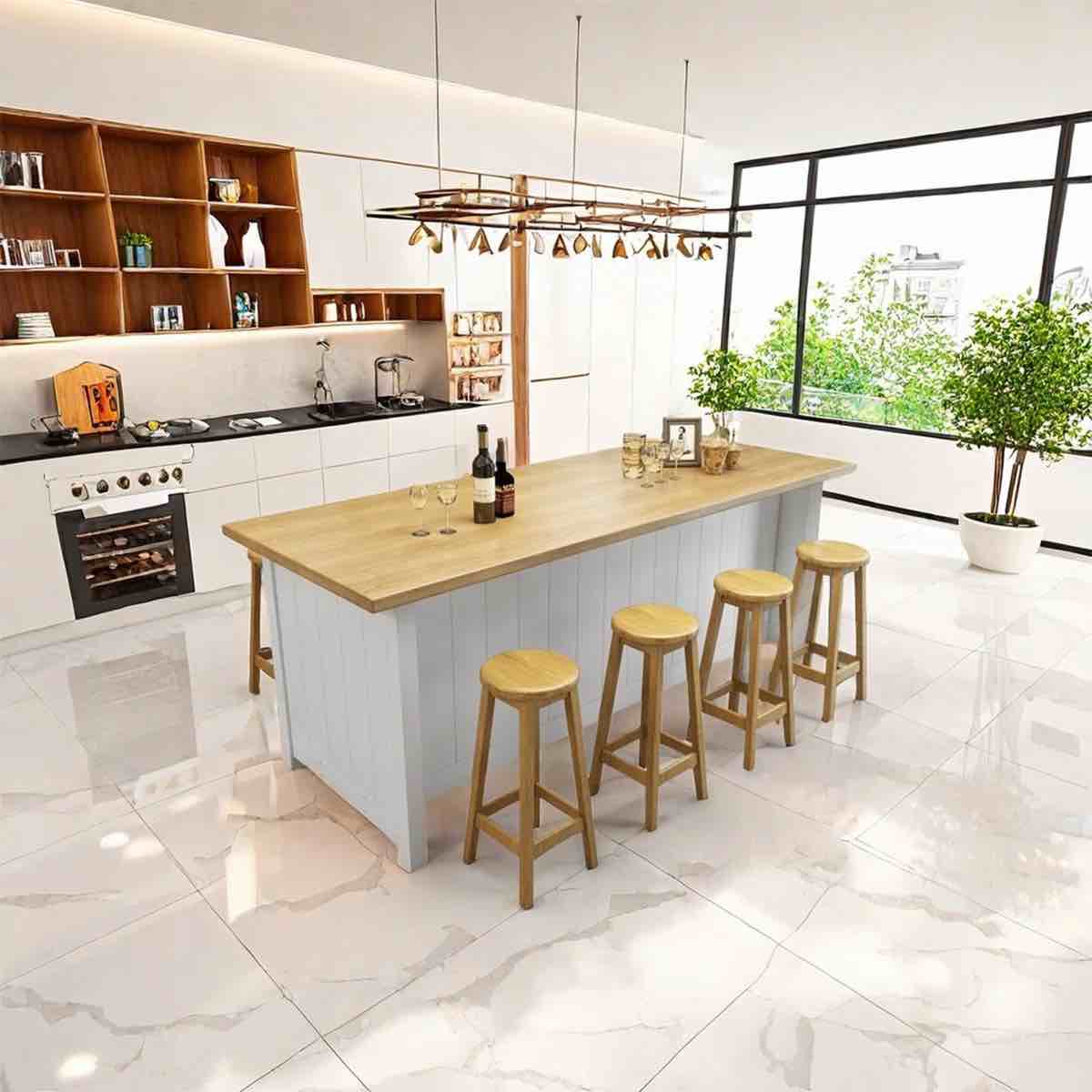 Hart 3 Cabinet Solid Wood Work Station and Kitchen Island Painted White with Natural Solid Wood Top, 6-8 Person Seating Space Available, Matte Black Handles, 95” L x 32” W x 35.4” H   Row 22 