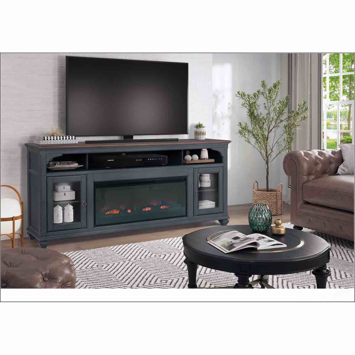 86 in Fireplace TV Stand for TVs up to 95 inches, Solid Wood, Corduroy Blue Finish, Hazelnut Brown Top, Antique Pewter Ring Handles and Knobs, 2 Glass Door Cabinets with Shelf, 3 Open Shelves, Brand New Fireplace, 86" wide x 18" deep x 34"