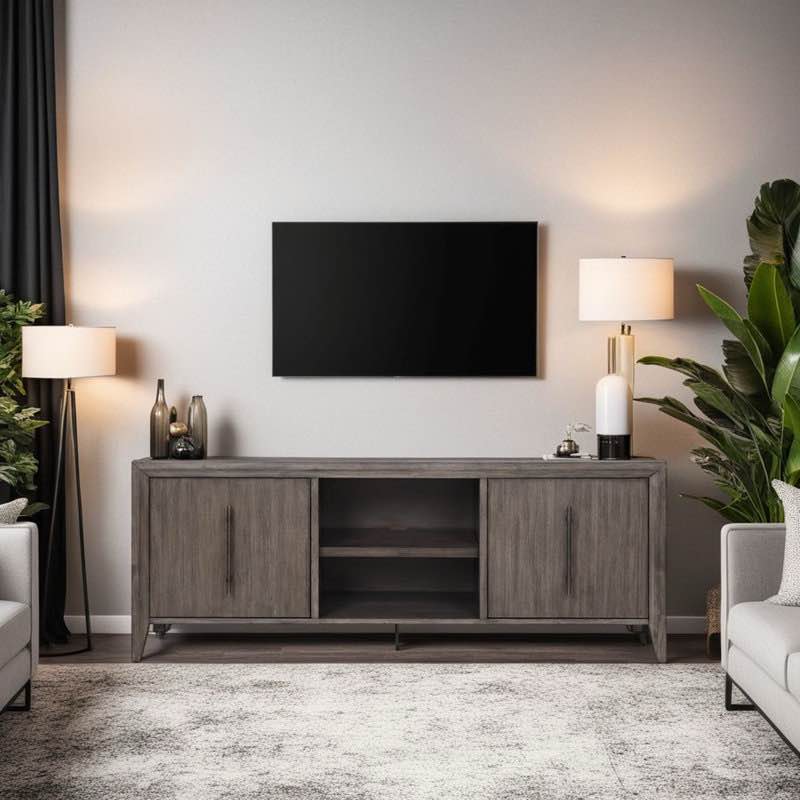 Iknoor 72 inch TV Stand Console, For TVs up to 85 inches, No Assembly Required, Solid Wood, Smoky Greige Finish. Metal Handles, 2 Cabinets with Shelf, Open Shelf. 