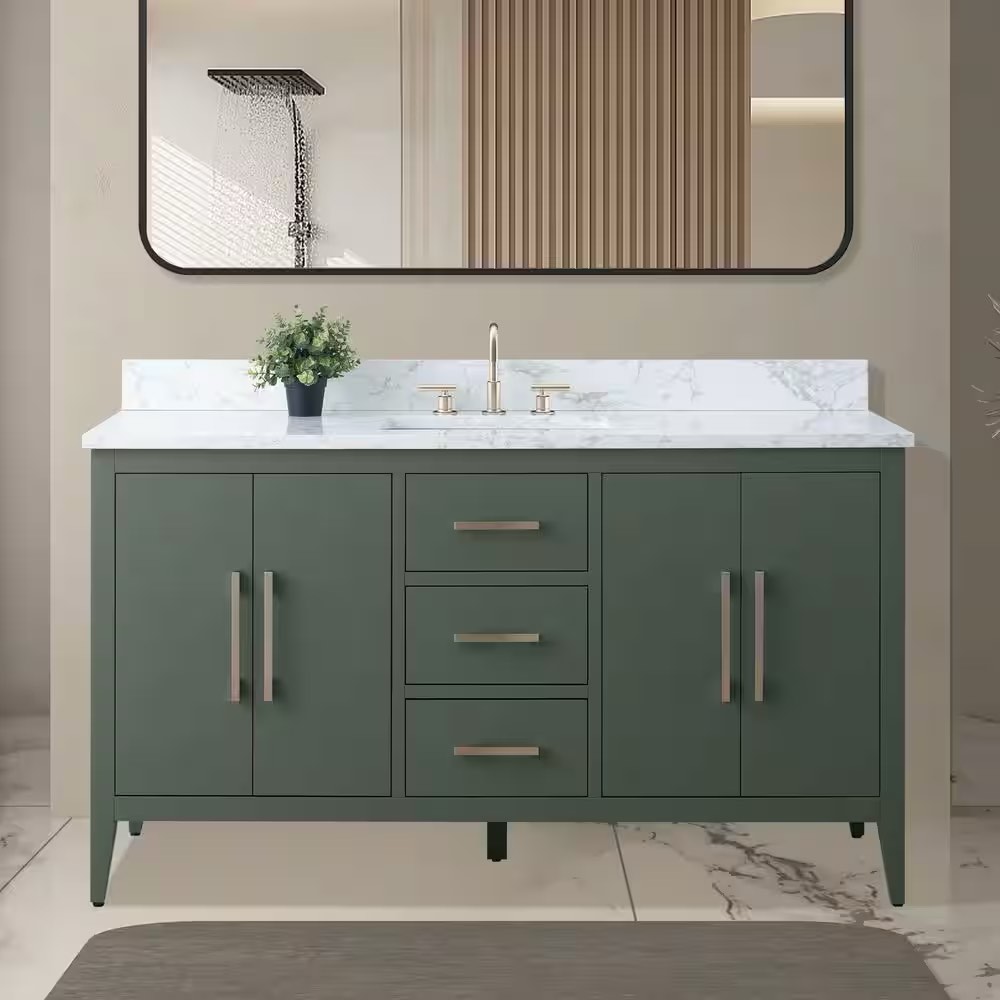 60 Inch Bathroom Vanity with Single Ceramic Sink Top w/ White/Grey Marbling, 2 Cabinets, 3 Drawers, Soft-Closing, Chrome Hardware, Vintage Green. 60” W x 35” D x 22” H