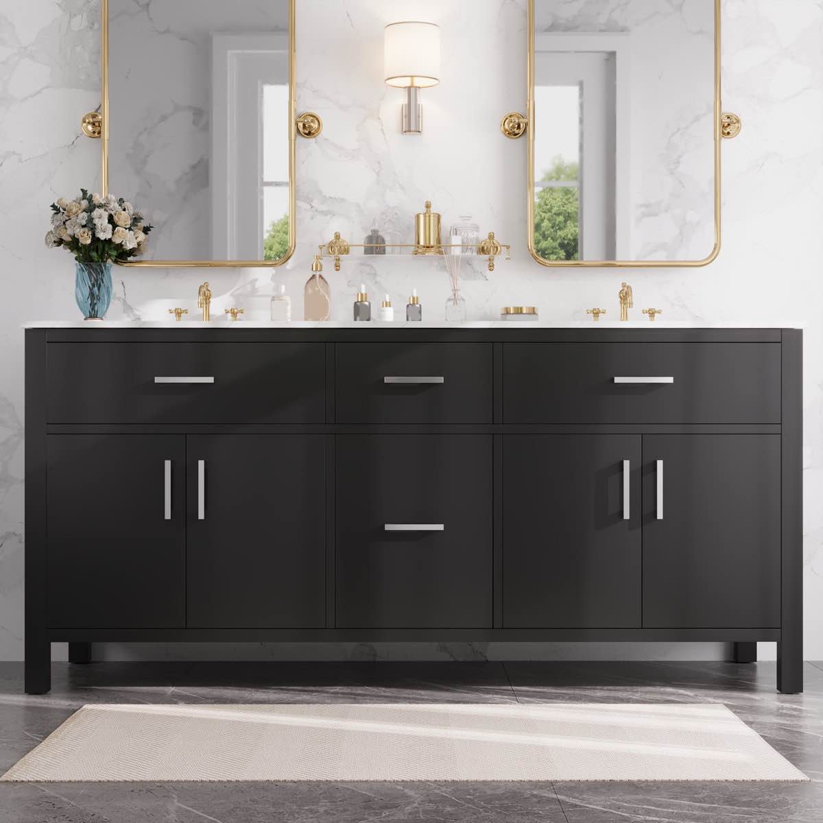Monolith Modern 72" Fully Assembled Double Bathroom Vanity in Black with Engineered White Marble Top, 2 Soft Closing Cabinets, 4 Drawers,  Silver Handles, and Splash Guard. 33.86'' H X 71.97'' W X 22.01'' D