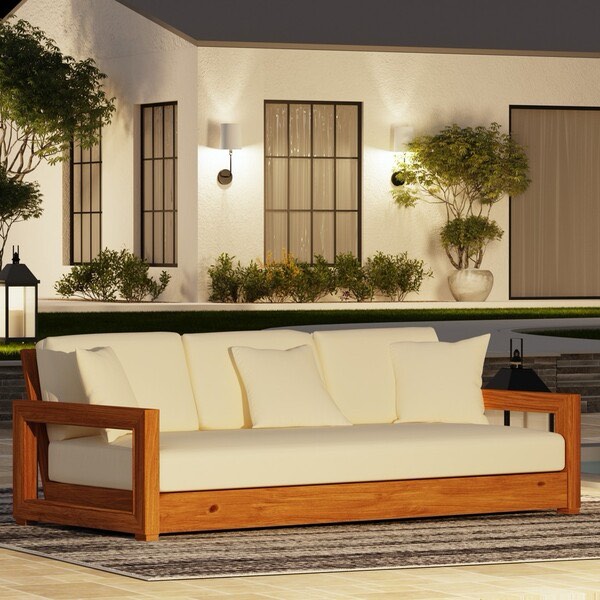 Safavieh Couture Montford Indoor/Outdoor Brazilian Teak Wood 3 Seater Sofa with Beige Cushions and Accent Pillows