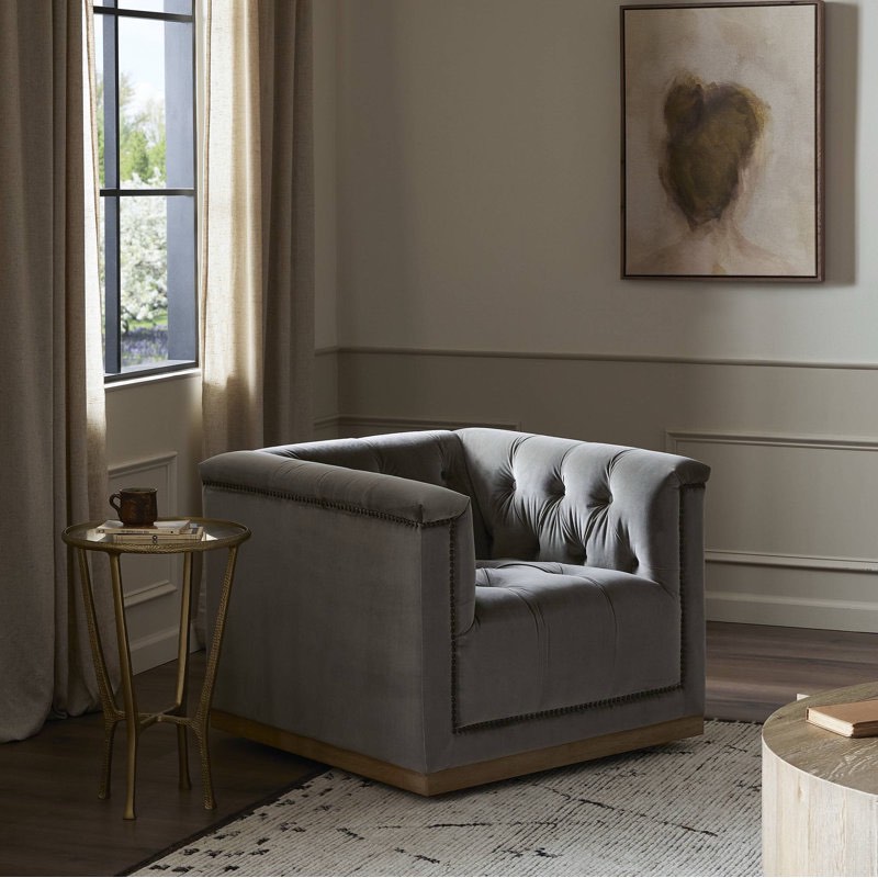 Maxx Modern Classic Swivel Armchair, Saphire Birch Tufted Velvet with Industrial Bronze Buttoning, Whitewashed Parawood Base. 