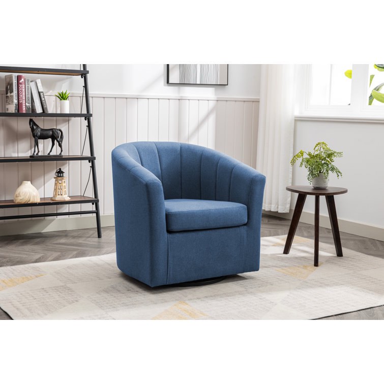 Arleyne Swivel Barrel Chair, Blue Polyester Classic Style with Round Metal Swivel Base