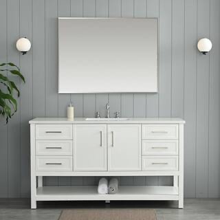 Arlo 60 in. W x 22 in. D x 34 in. H Single Bath Vanity in White with Engineered Stone Top in Ariston White with Ceramic Sink, 6 Soft Close Drawers, 1 Cabinet, Brushed Nickel Hardware, Bottom Open Shelf 