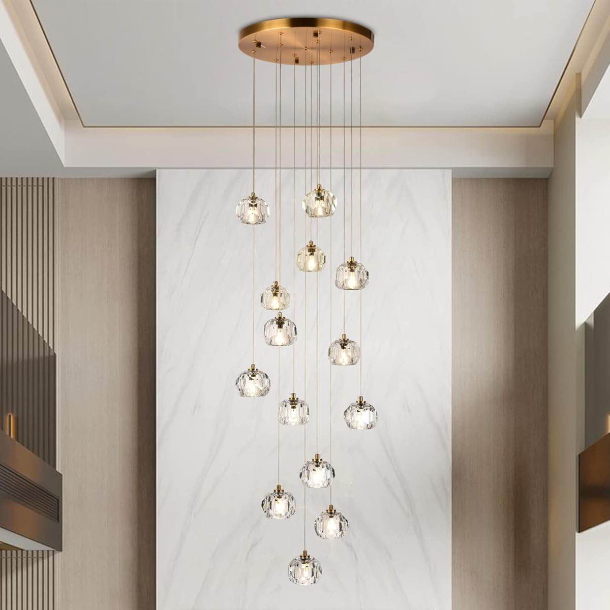 42W Raindrop Pendant 14 Light Chandelier, Round Brass Ceiling Mount with Round Clear Cut Crystal Pendents