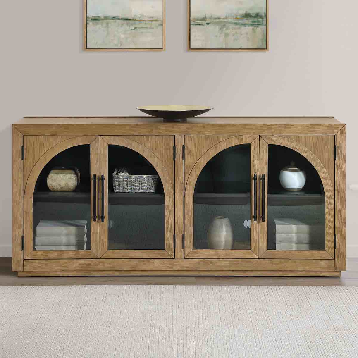 Lixy 70'' Oak Sideboard TV Stand, 2 Cabinets with Shelf, Arched Doors, Black Wooden Handles, 32'' H X 70'' W X 18'' D