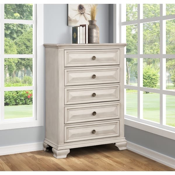 Roundhill Furniture Renova Distressed Parchment 5 Drawer Pinewood Dresser, Antique White Finish, Antique Pewter Rosette Knobs. 38"W x 18"D x 54"H
