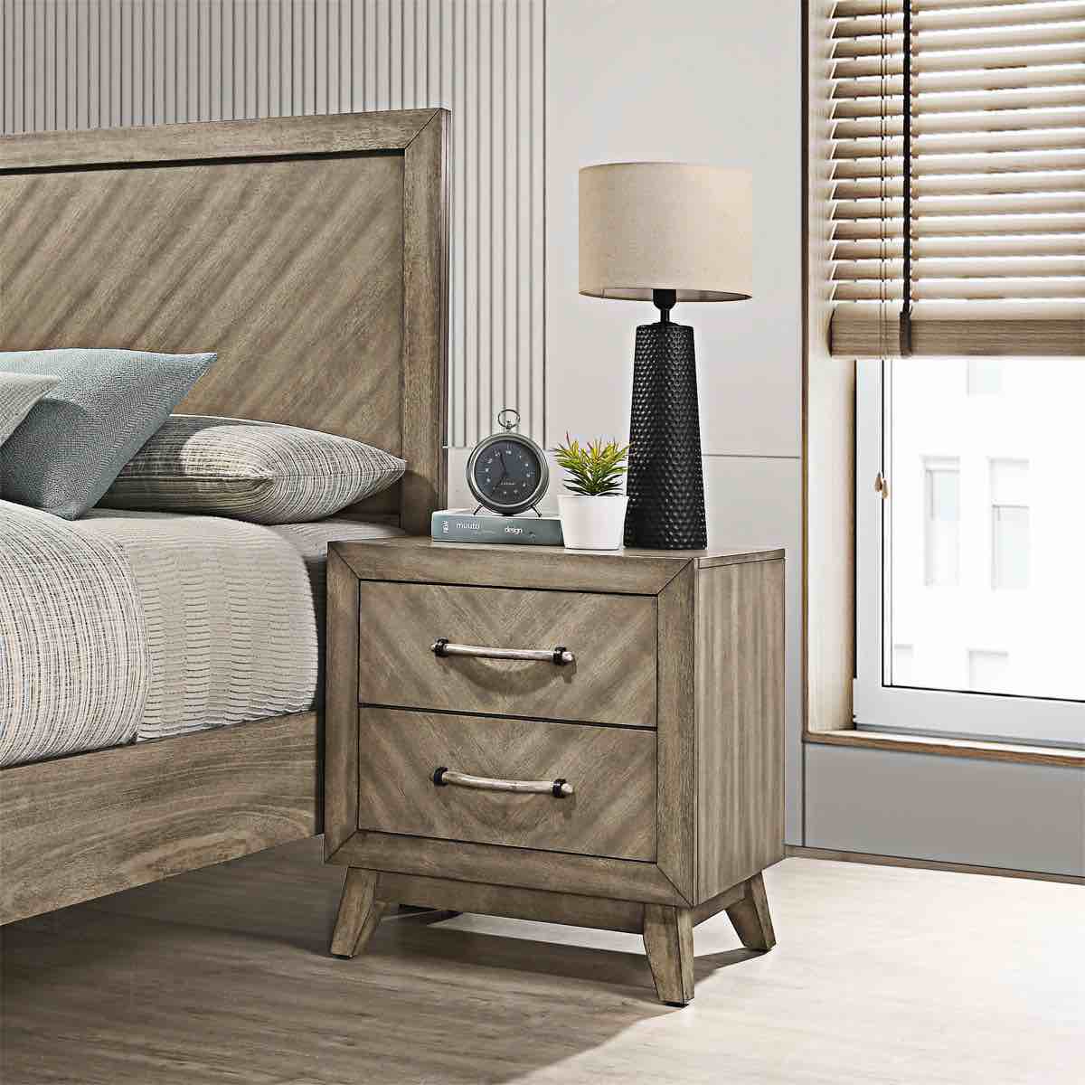 Naturalist Style Nightstand, 2 Drawer Solid Wood Nightstand, Antique Grey Finish, Wooden Handles. 25.57'' H X 23.63'' W X 16.53'' D
