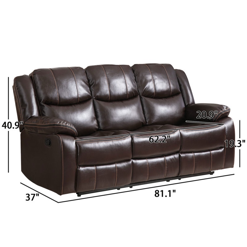 Kamarli 79.9'' W Breathable Brown Vegan Leather Manual Reclining Sofa, 3-Seat, Stain Resistant, Plush Cushioning