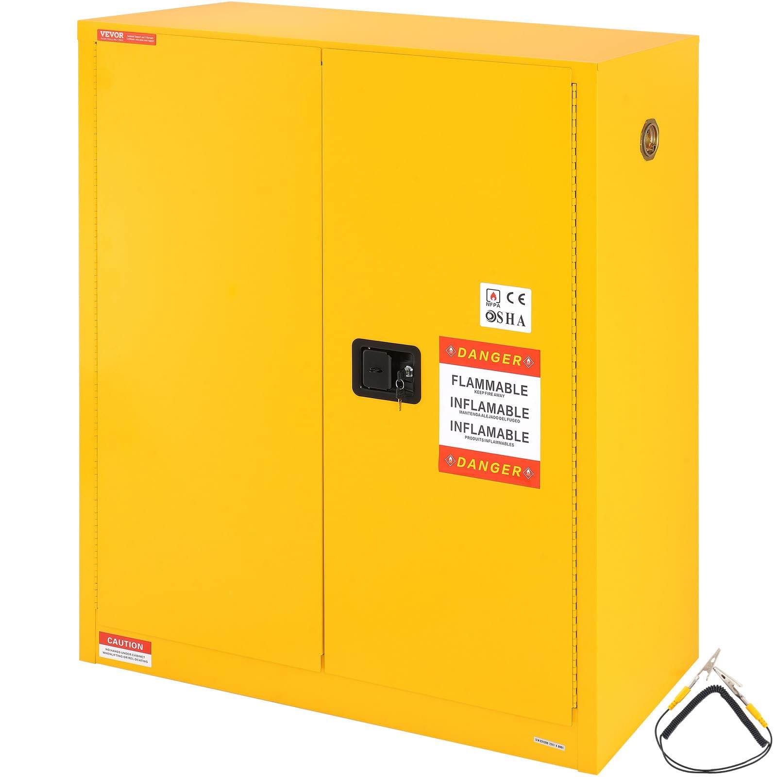 Standard Flammable Storage Cabinet - Manual Doors, Yellow, 1 Adjustable Metal Shelf. Key included. Outer Dent on Back Corner otherwise great condition. 43” W x 18” D x 44” H 