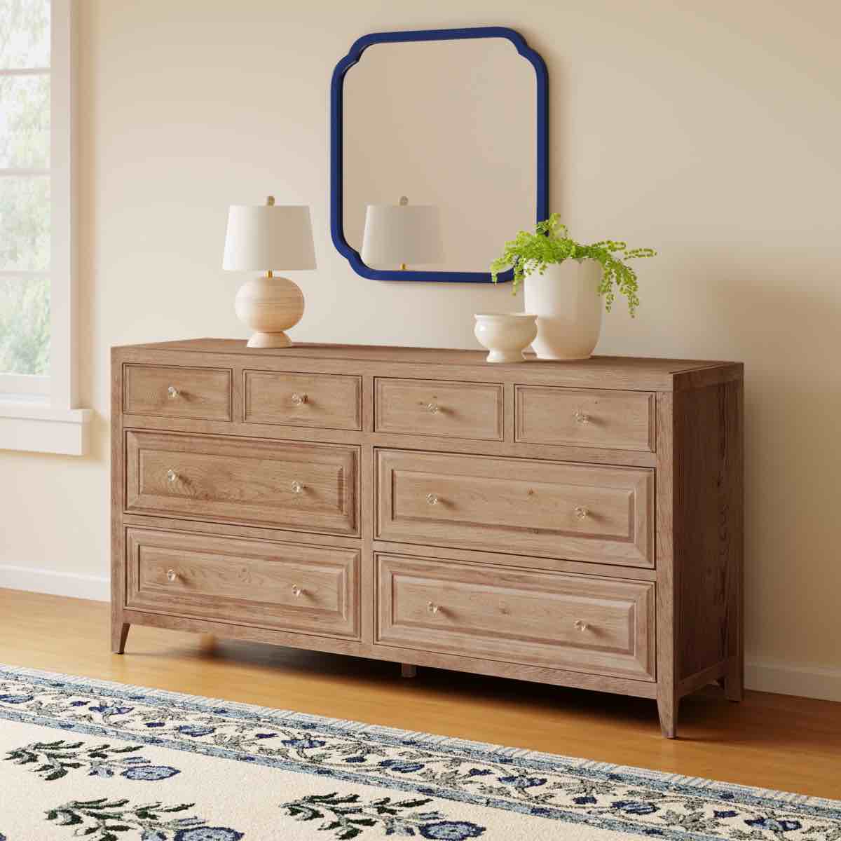Rosalie Solid Oak Traditional 8 Drawer Dresser, Silver Knobs, Cedar Lined Drawers. 36'' H X 72'' W X 19'' D