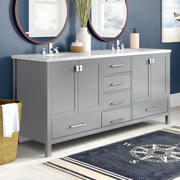 Broadview 72'' Double Bathroom Vanity with Engineered Marble Top, Grey 6 Soft Close Drawers, 2 Cabinets with Shelf, 34'' H X 72'' W X 22'' D