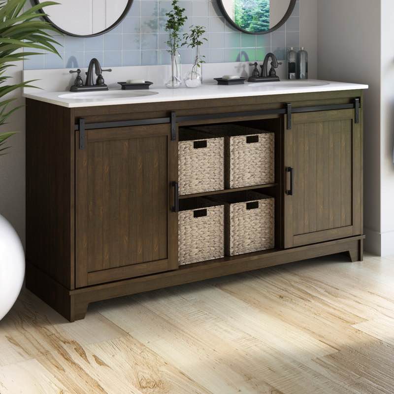 Braylen 60'' Double Bathroom Vanity, Saw Cut Espresso Finish, Double Vitreous China Sink Top in White, Black Metal Bracket Hardware for Farmstyle Doors, 2 Cabinets with Shelf, One Open Shelf, Storage Baskets Included, 37.88'' H X 60'' W X 22'' D