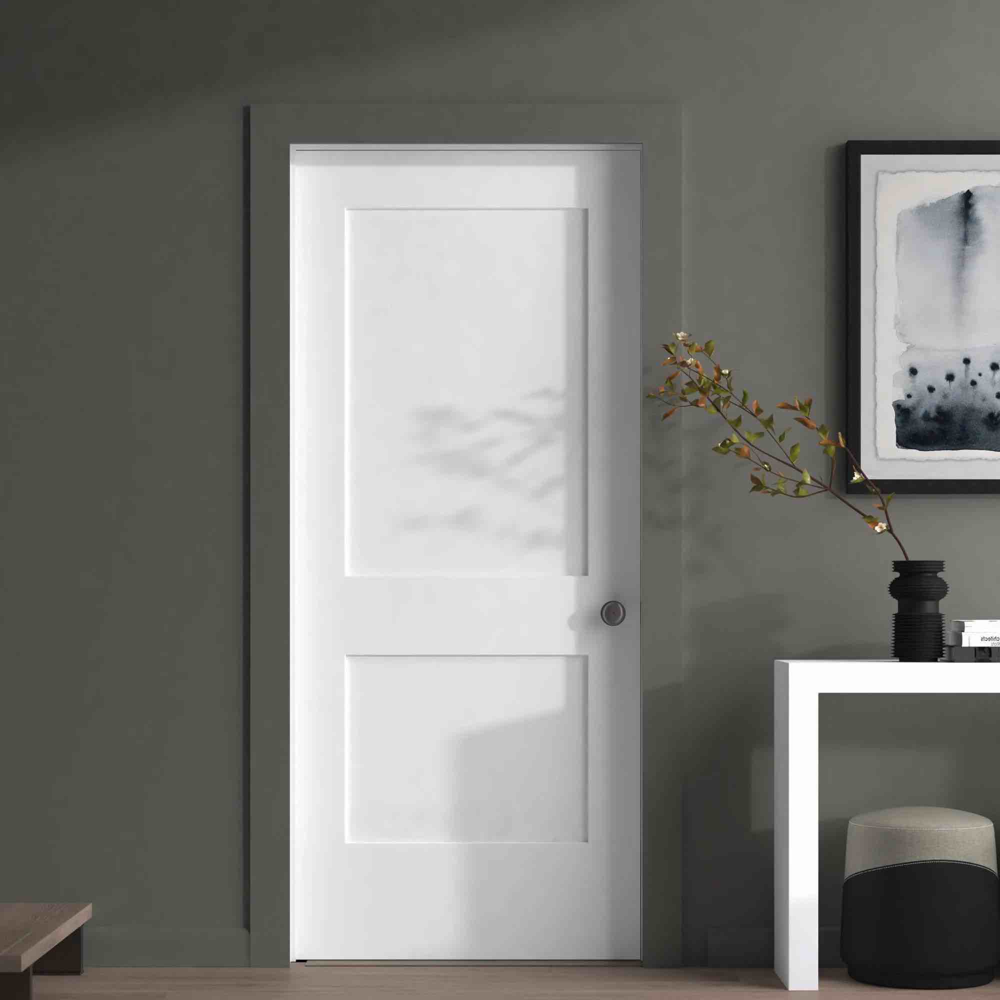 24" by 84" Shaker 2 Panel Right Handed Interior Prehung Passage Door with Oil Rubbed Bronze Hinges and 4-9/16" Door Jamb
