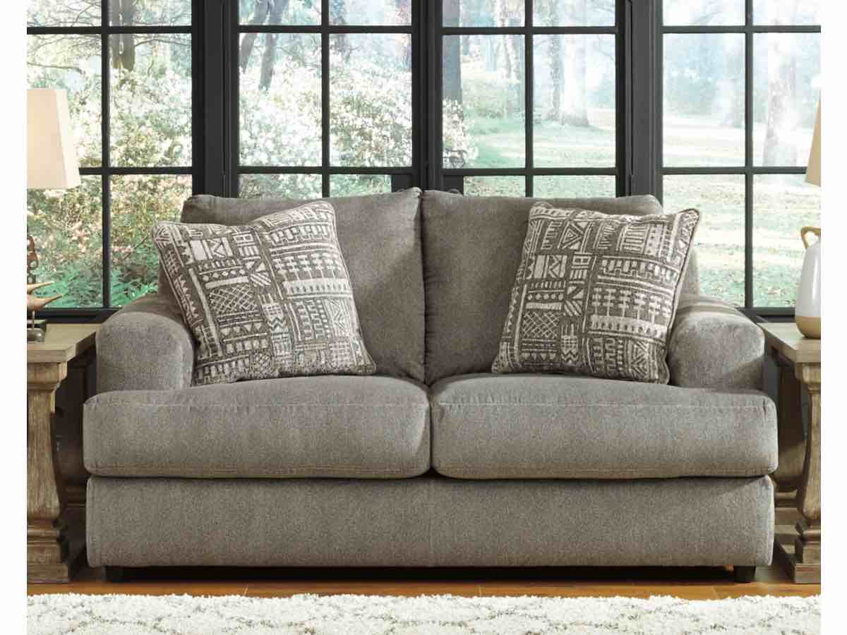 Mina Loveseat And Oversized Accent Sofa Chair Set, Dark Ash Grey, Espresso Feet. Accent pillows different then image