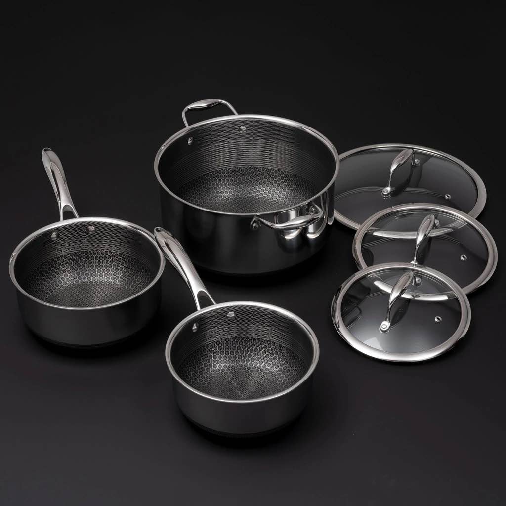 HexClad Hybrid Nonstick Cookware Set, 2 Qt Pot with Lid, 3 Qt Pot with Lid, 8 Qt Pot, Lid Sold Separately. Dishwasher and Oven-Safe.