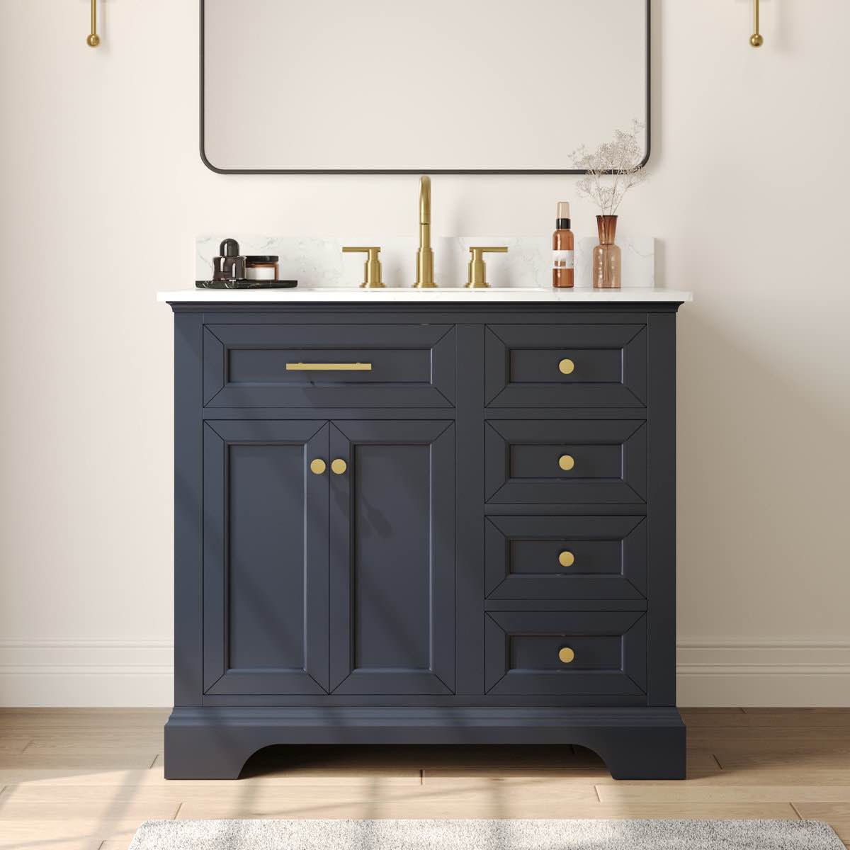 Heritage 36'' Navy Blue Single Bathroom Vanity with Marble White Sink Top With Backsplash, 3 Drawers, 1 Cabinet, Gold Brushed Knobs,  33.90'' H X 35.98'' W X 22.01'' 
