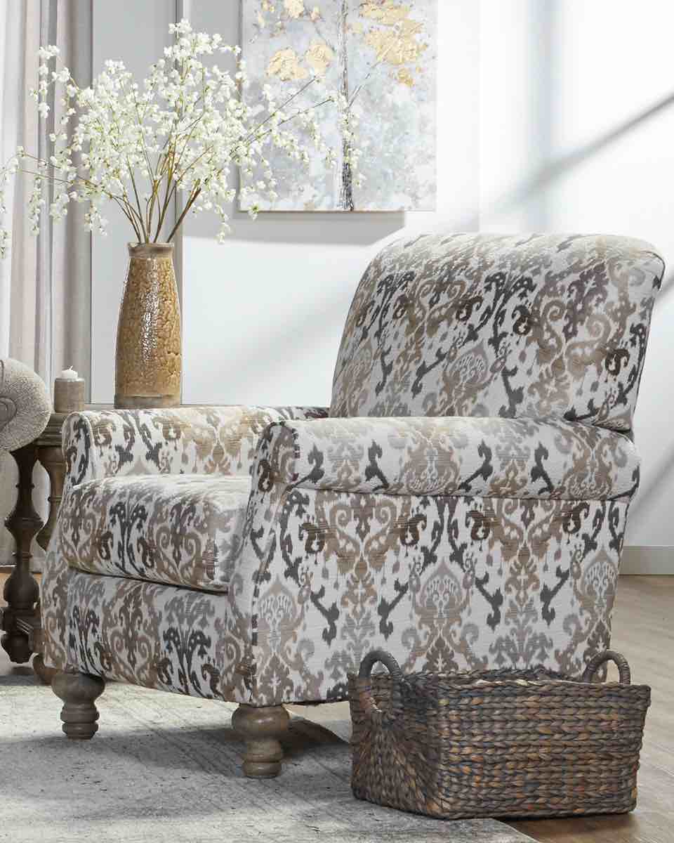 Kimani Marble Traditional Style Reclining Chair, Beige Fabric, Hand Sewn Gold and Brown Floral Accents, Whitewashed Walnut Curved Feet. 39.0 H x 35.0 W x 38.0 D